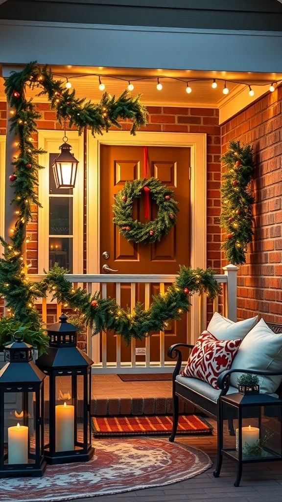 A festive outdoor porch decorated for Christmas with wreath, lights, garland, and lanterns.